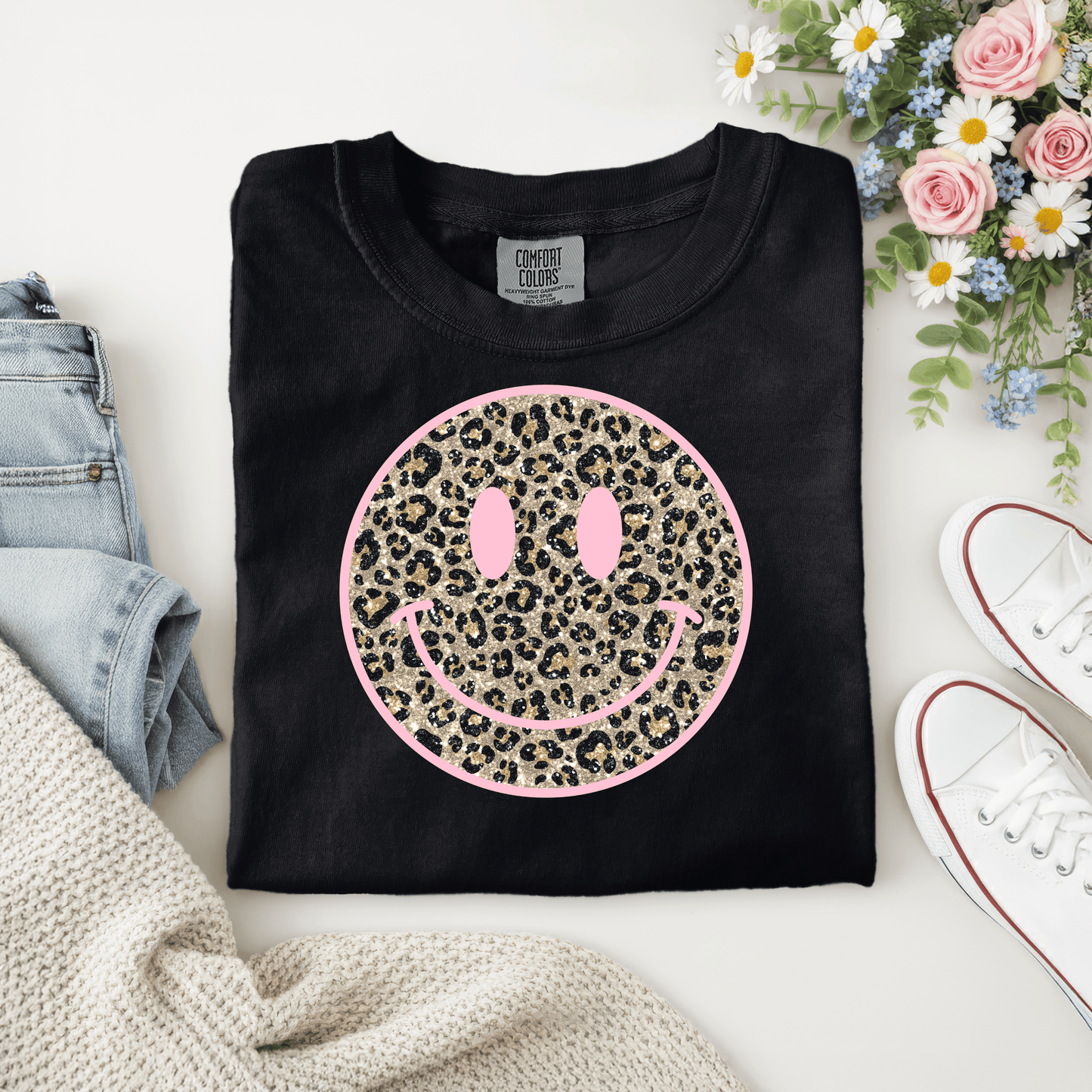 Pink Trim Leopard Smiley Comfort Tee