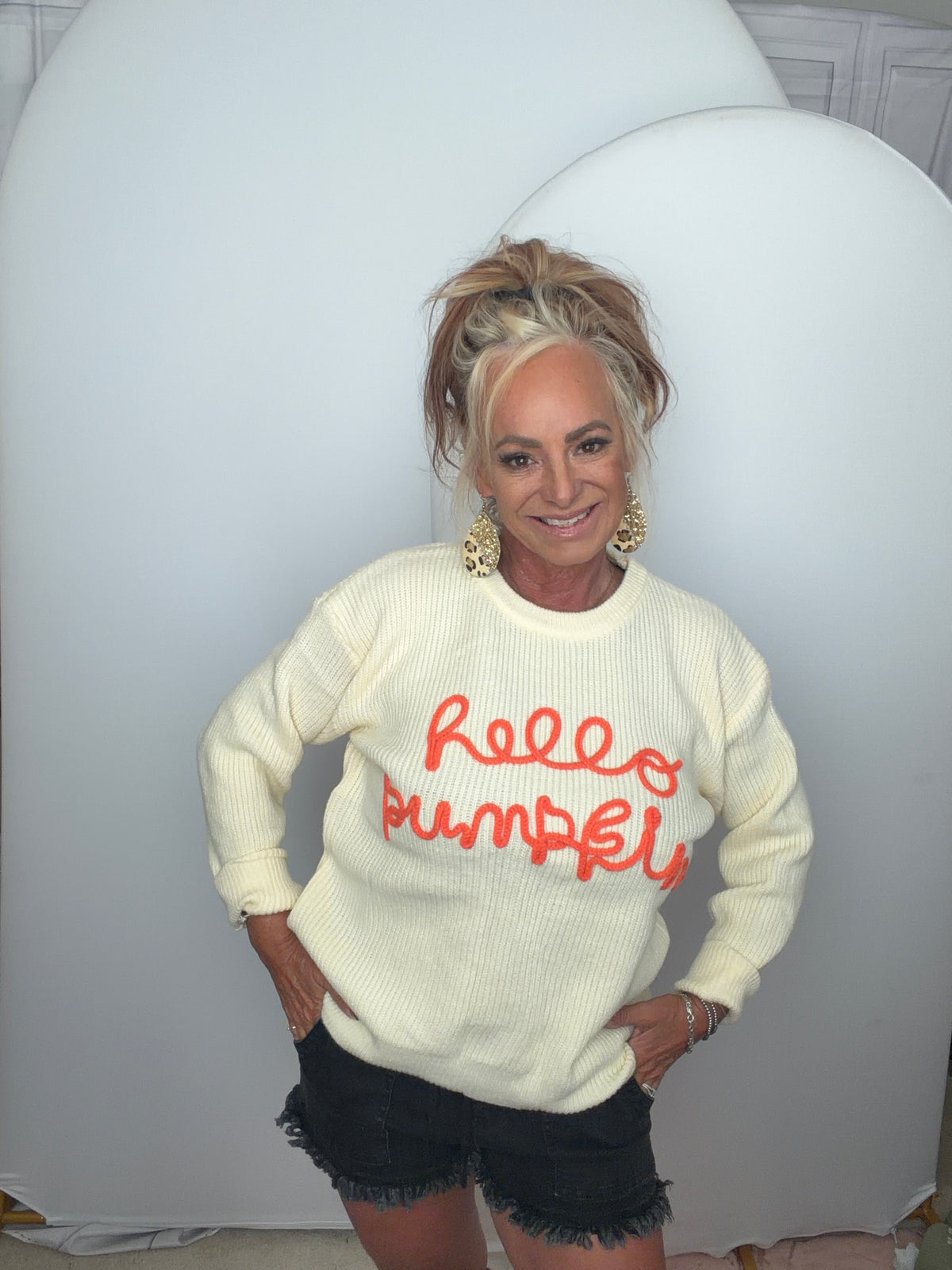 Hello pumpkin on ribbed sweater with raised detail lettering!