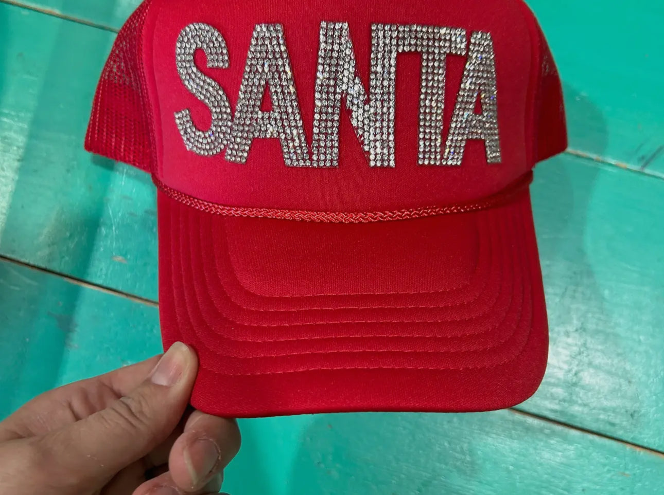 RHINESTONE RED SANTA TRUCKER HAT