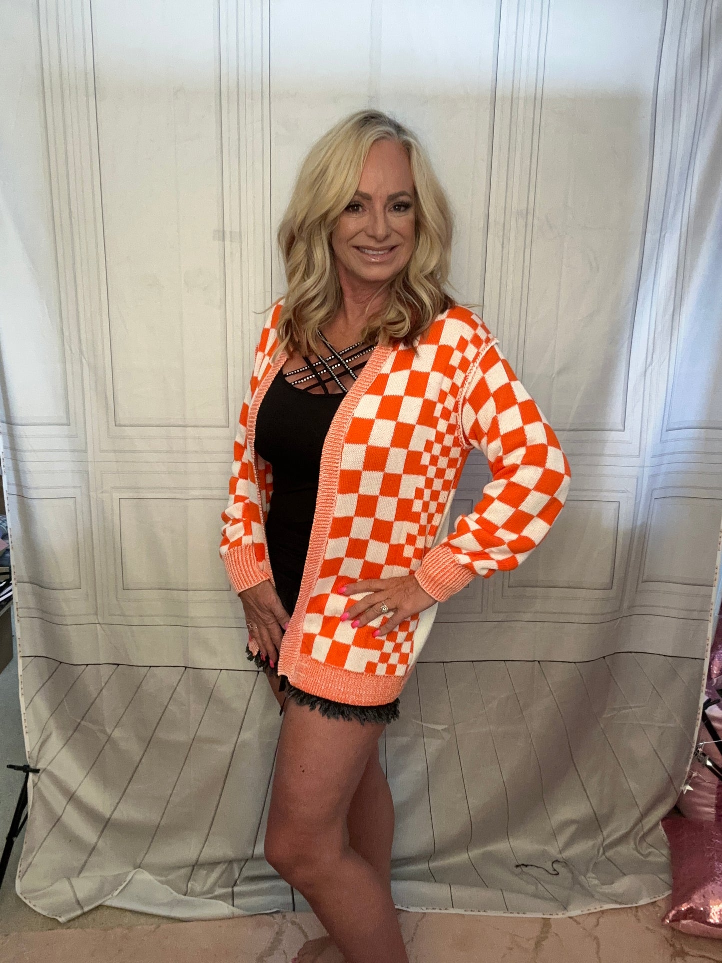 Orange checkered open front drop shoulder cardigan