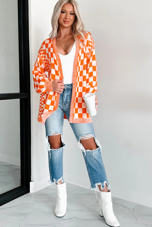 Orange checkered open front drop shoulder cardigan