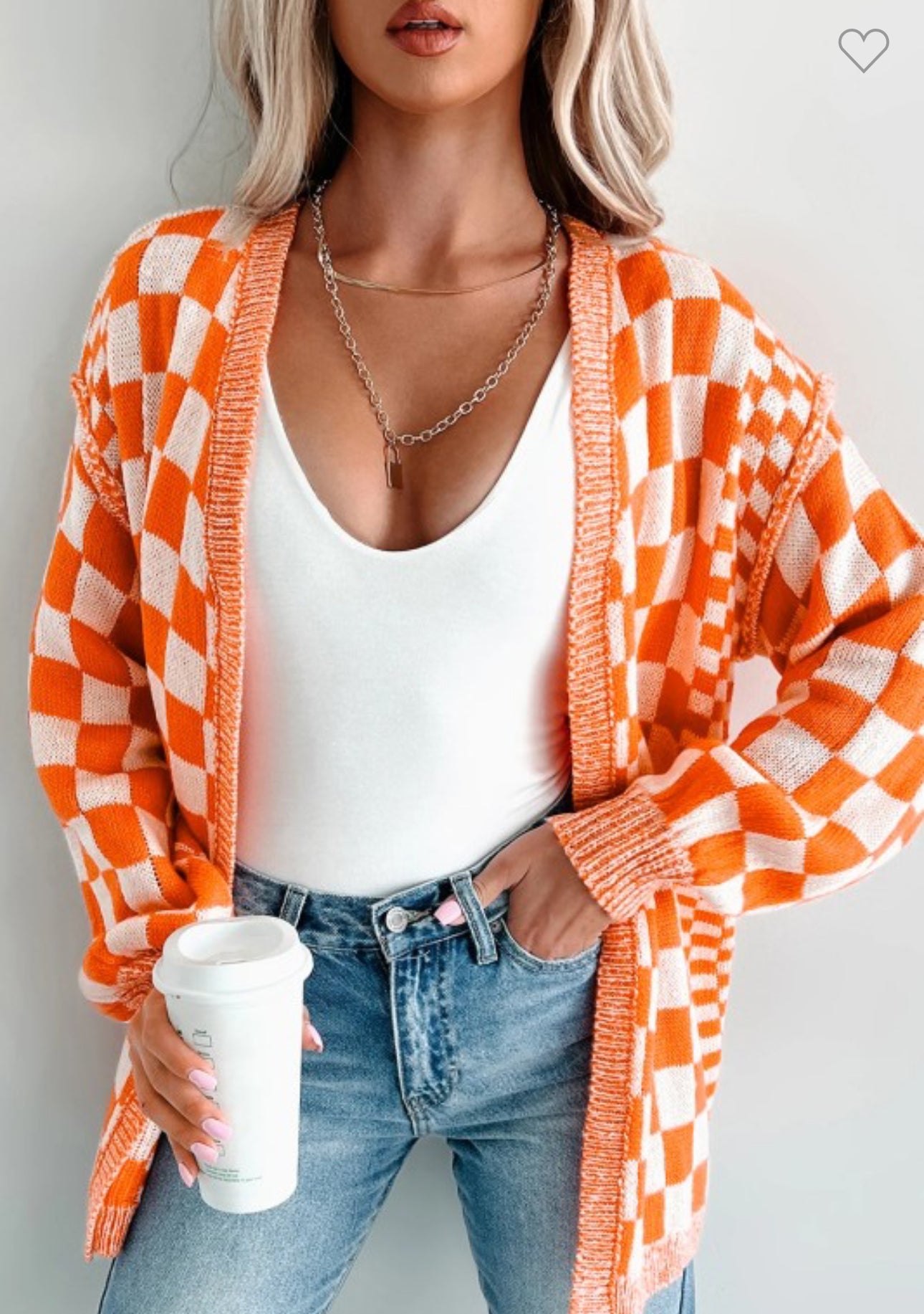 Orange checkered open front drop shoulder cardigan