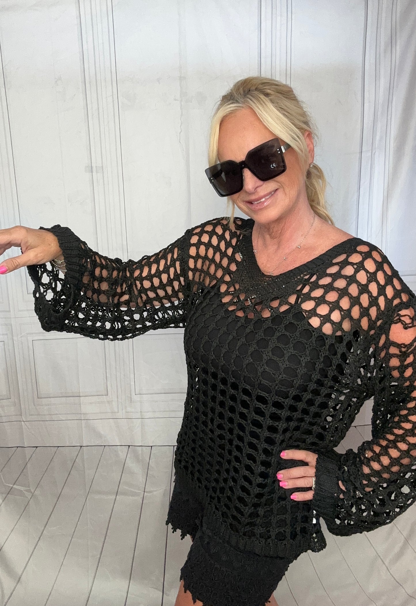 BLACK CROUCHET BELL SLEEVE TOP/ COVERUP