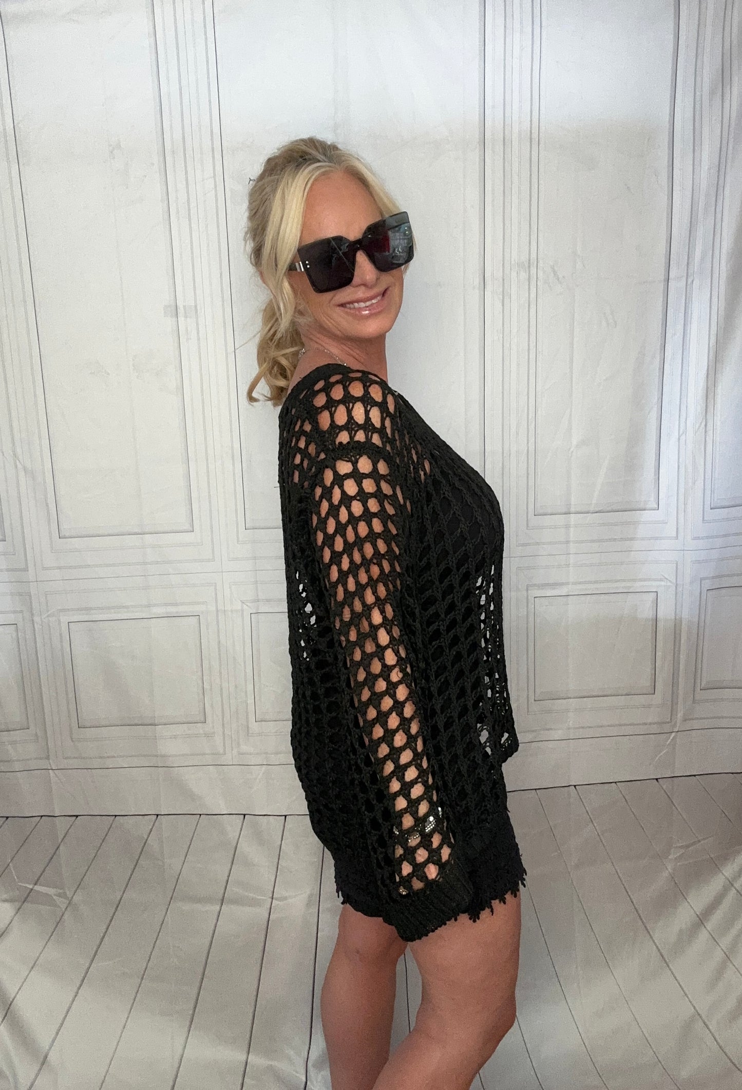 BLACK CROUCHET BELL SLEEVE TOP/ COVERUP
