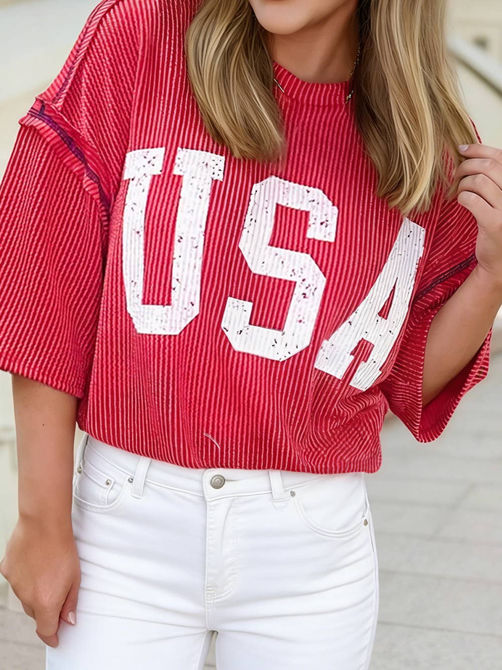 USA Graphic Half Sleeve Loose Ribbed Top