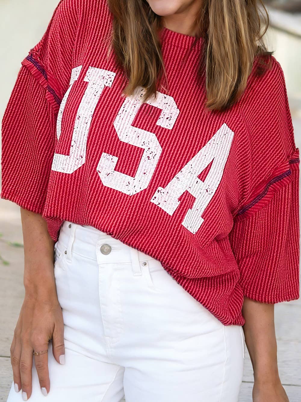 USA Graphic Half Sleeve Loose Ribbed Top