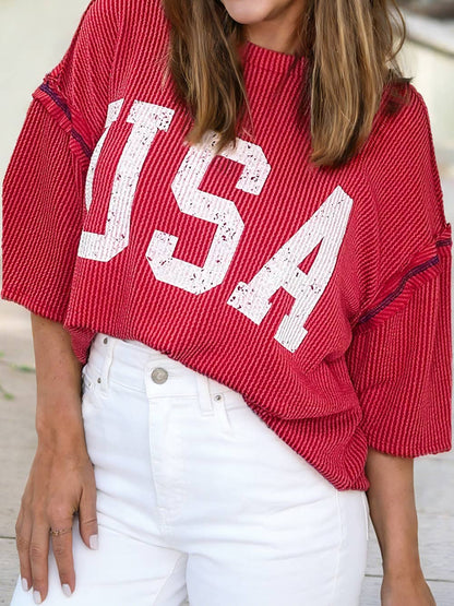 USA Graphic Half Sleeve Loose Ribbed Top
