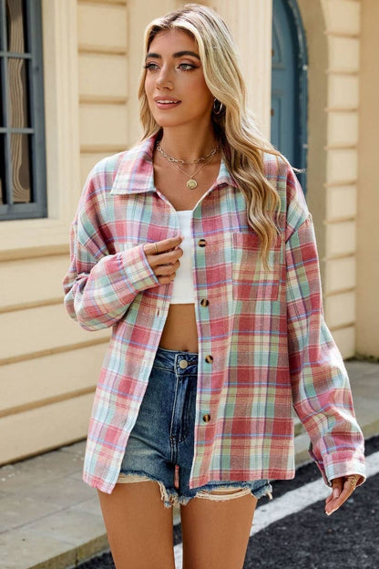 LONG SLEEVE POCKET PLAID SHIRT TOP