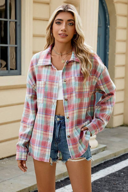 LONG SLEEVE POCKET PLAID SHIRT TOP