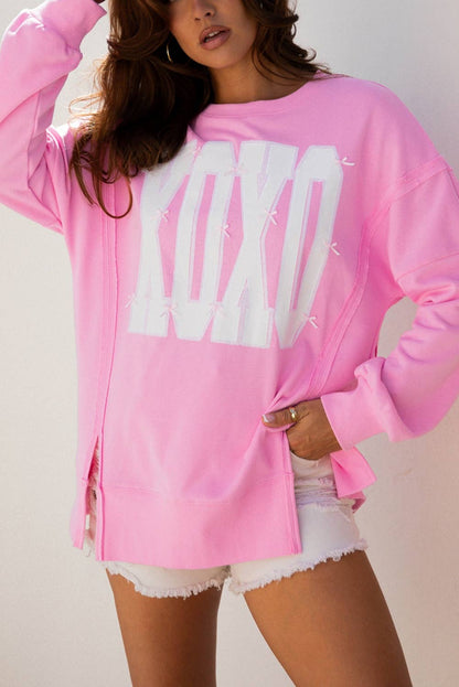 Valentines 3d Bow Sequin XOXO Exposed Seam Baggy Sweatshirt