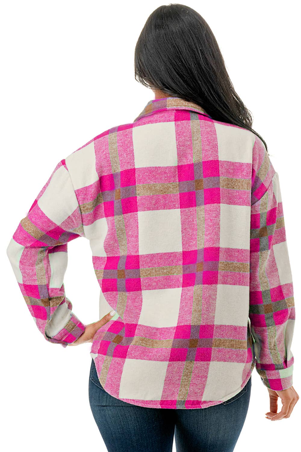 Pink white plaid flannel shacket  w/fur lined warm jacket