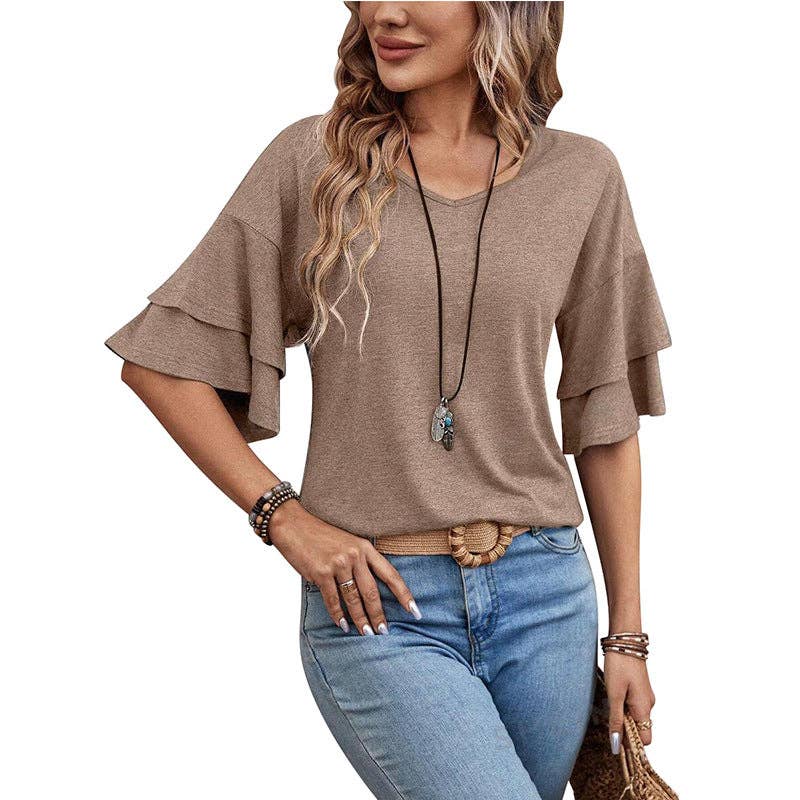 Camel Ruffle Sleeve V Neck Loose Fit Women Summer Top