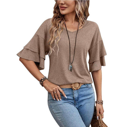 Camel Ruffle Sleeve V Neck Loose Fit Women Summer Top