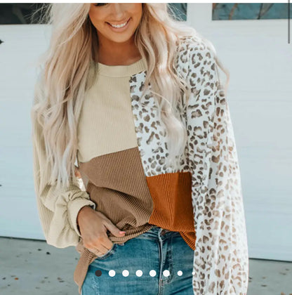 Leopard color block long sleeve waffle top