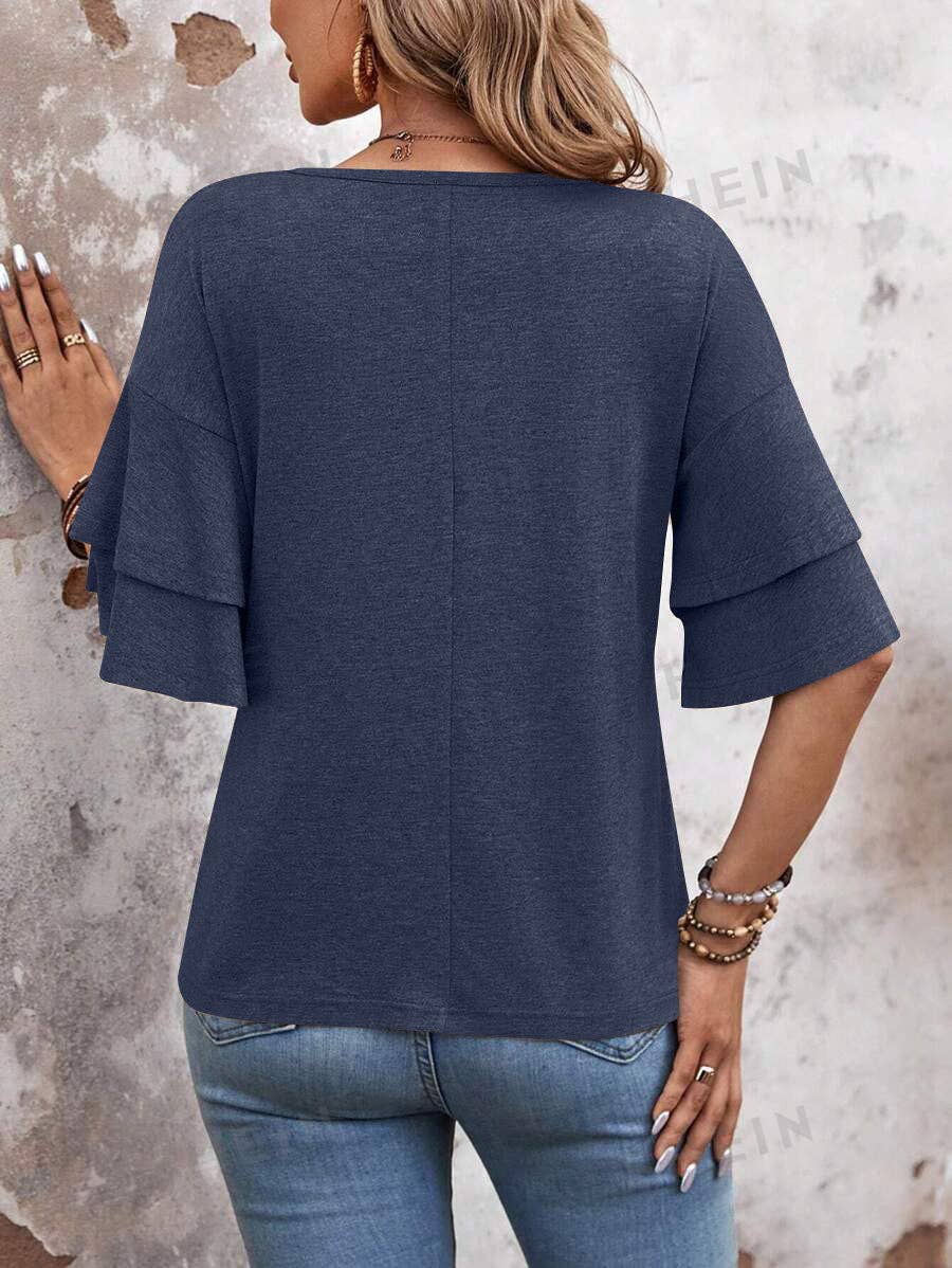Camel Ruffle Sleeve V Neck Loose Fit Women Summer Top