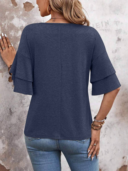 Camel Ruffle Sleeve V Neck Loose Fit Women Summer Top