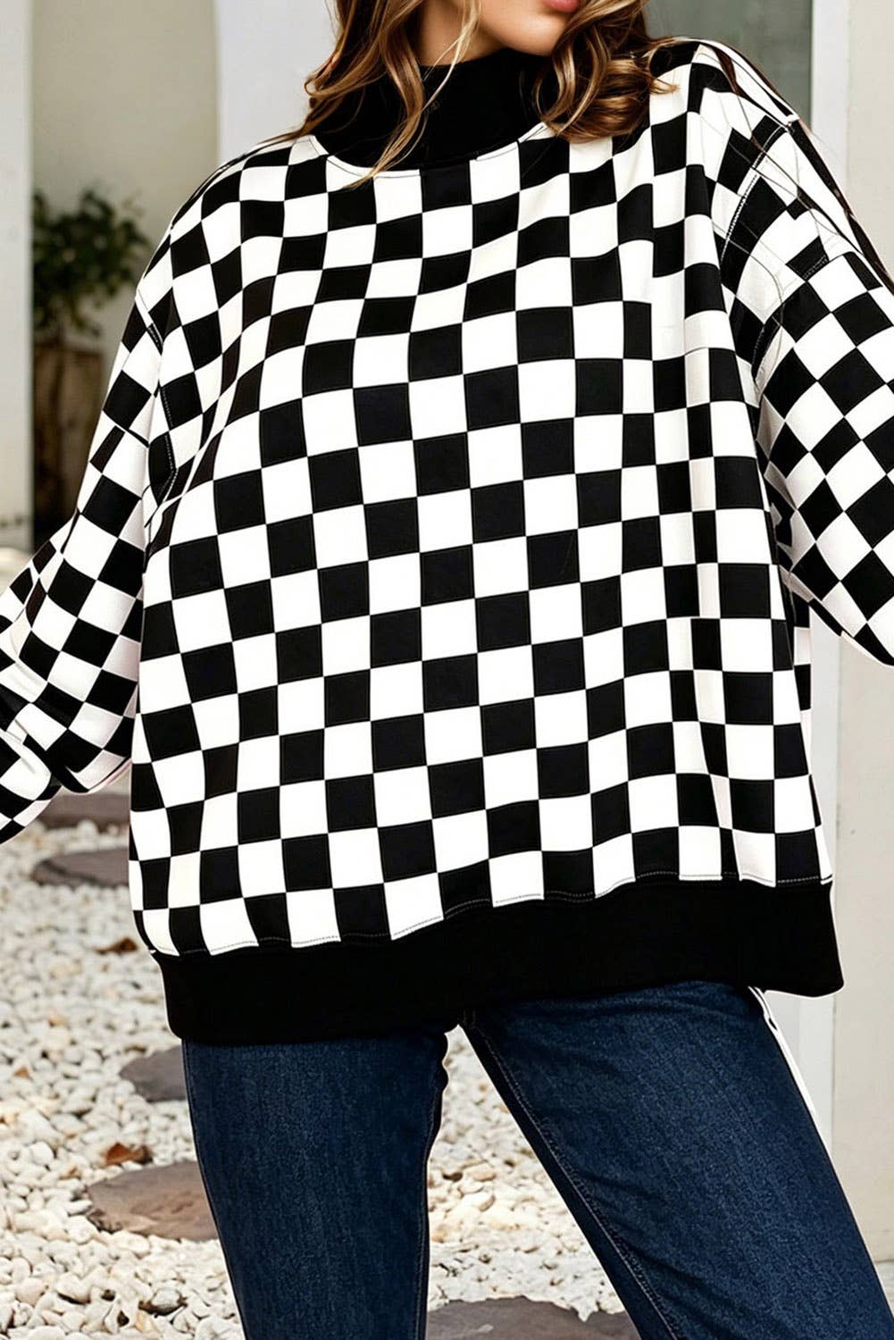 Game Day Checkered Print Reversible Mock Neck Sweatshirt