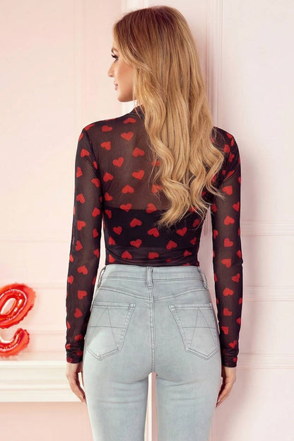 Valentines Heart Printed Sheer Mesh Long Sleeve Top