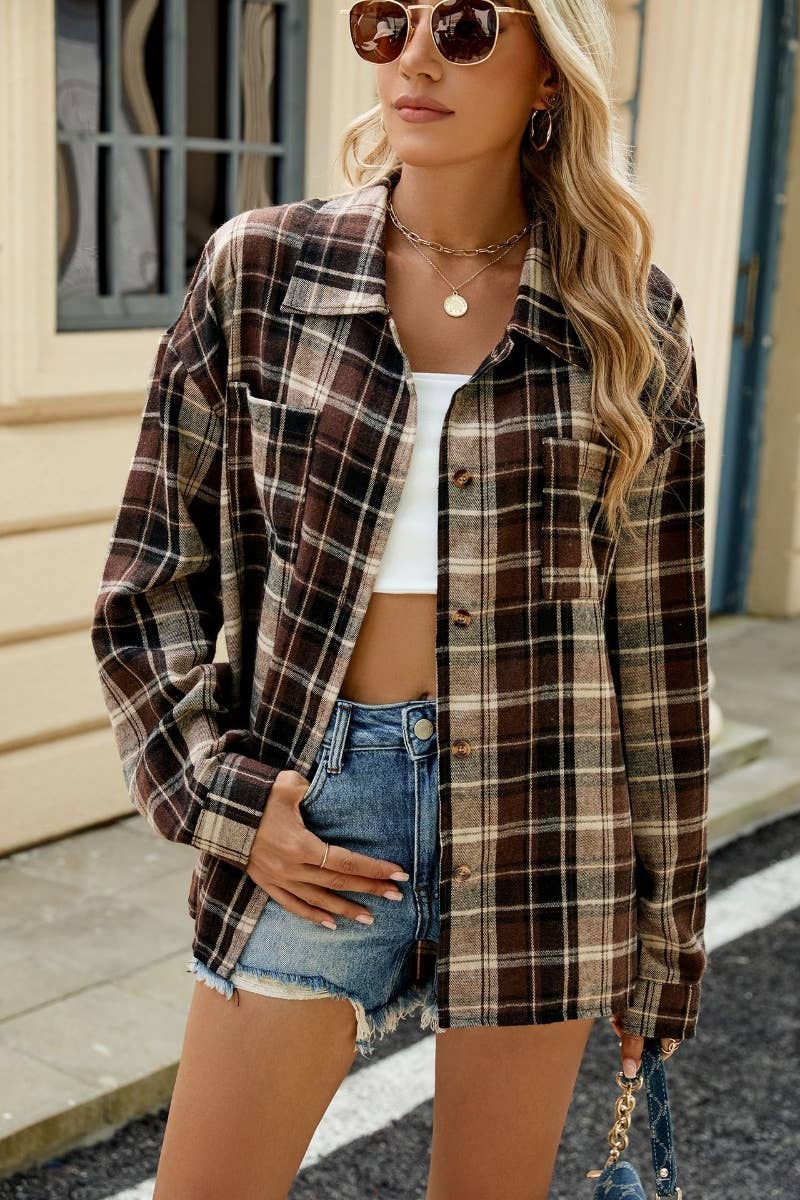 LONG SLEEVE POCKET PLAID SHIRT TOP