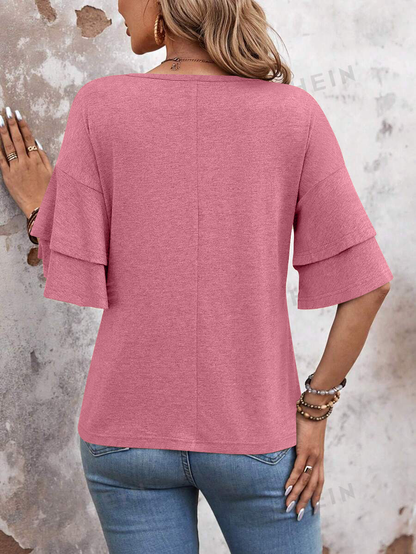Camel Ruffle Sleeve V Neck Loose Fit Women Summer Top