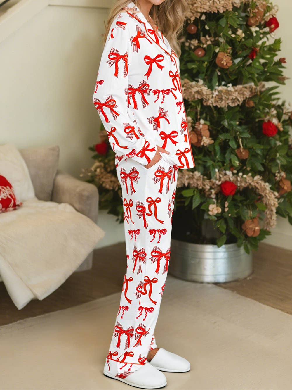 Christmas Bow Print Long 2pcs Pajama Set