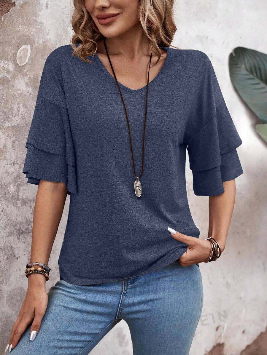 Camel Ruffle Sleeve V Neck Loose Fit Women Summer Top