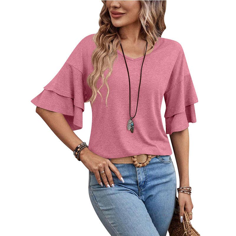 Camel Ruffle Sleeve V Neck Loose Fit Women Summer Top