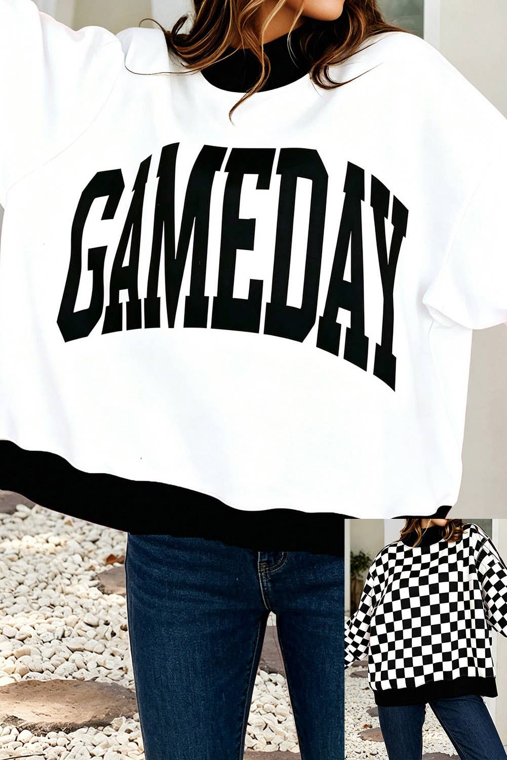 Game Day Checkered Print Reversible Mock Neck Sweatshirt