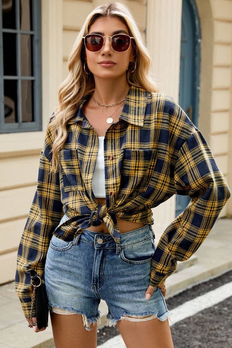 LONG SLEEVE POCKET PLAID SHIRT TOP
