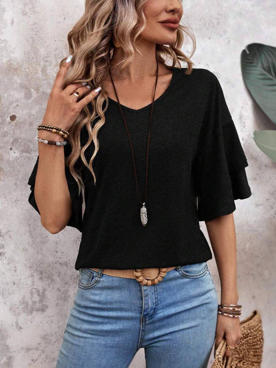 Camel Ruffle Sleeve V Neck Loose Fit Women Summer Top
