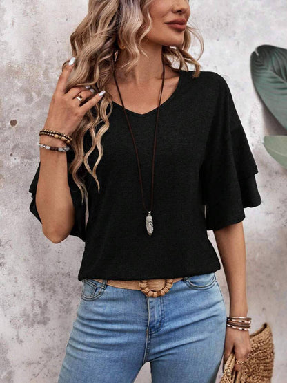 Camel Ruffle Sleeve V Neck Loose Fit Women Summer Top