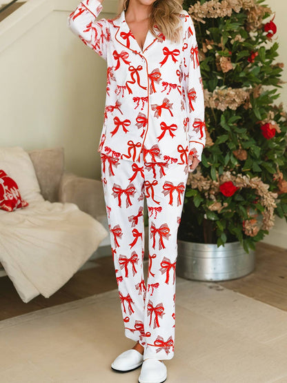 Christmas Bow Print Long 2pcs Pajama Set