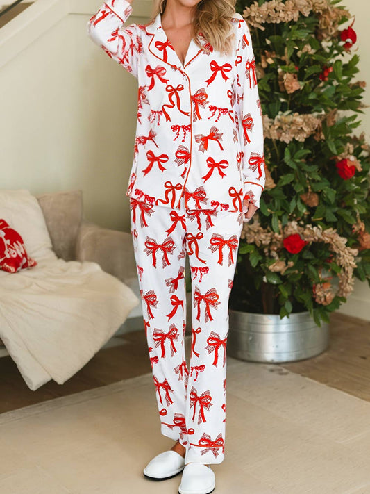 Christmas Bow Print Long 2pcs Pajama Set
