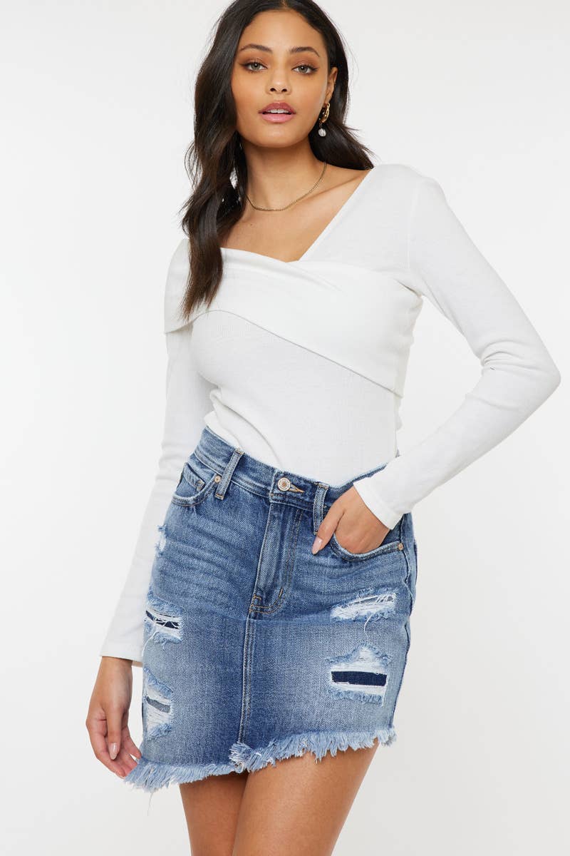 DENIM DISTRESSED MINI SKIRT