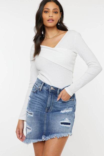 DENIM DISTRESSED MINI SKIRT