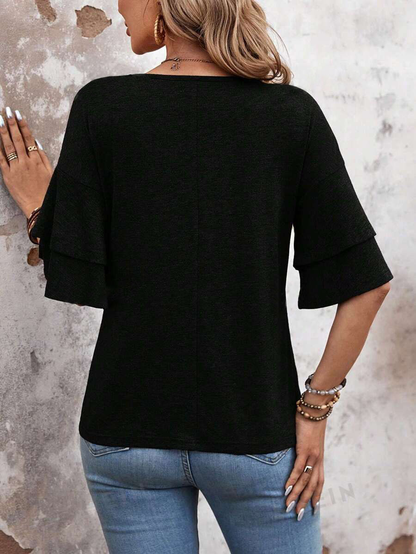 Camel Ruffle Sleeve V Neck Loose Fit Women Summer Top