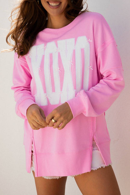 Valentines 3d Bow Sequin XOXO Exposed Seam Baggy Sweatshirt