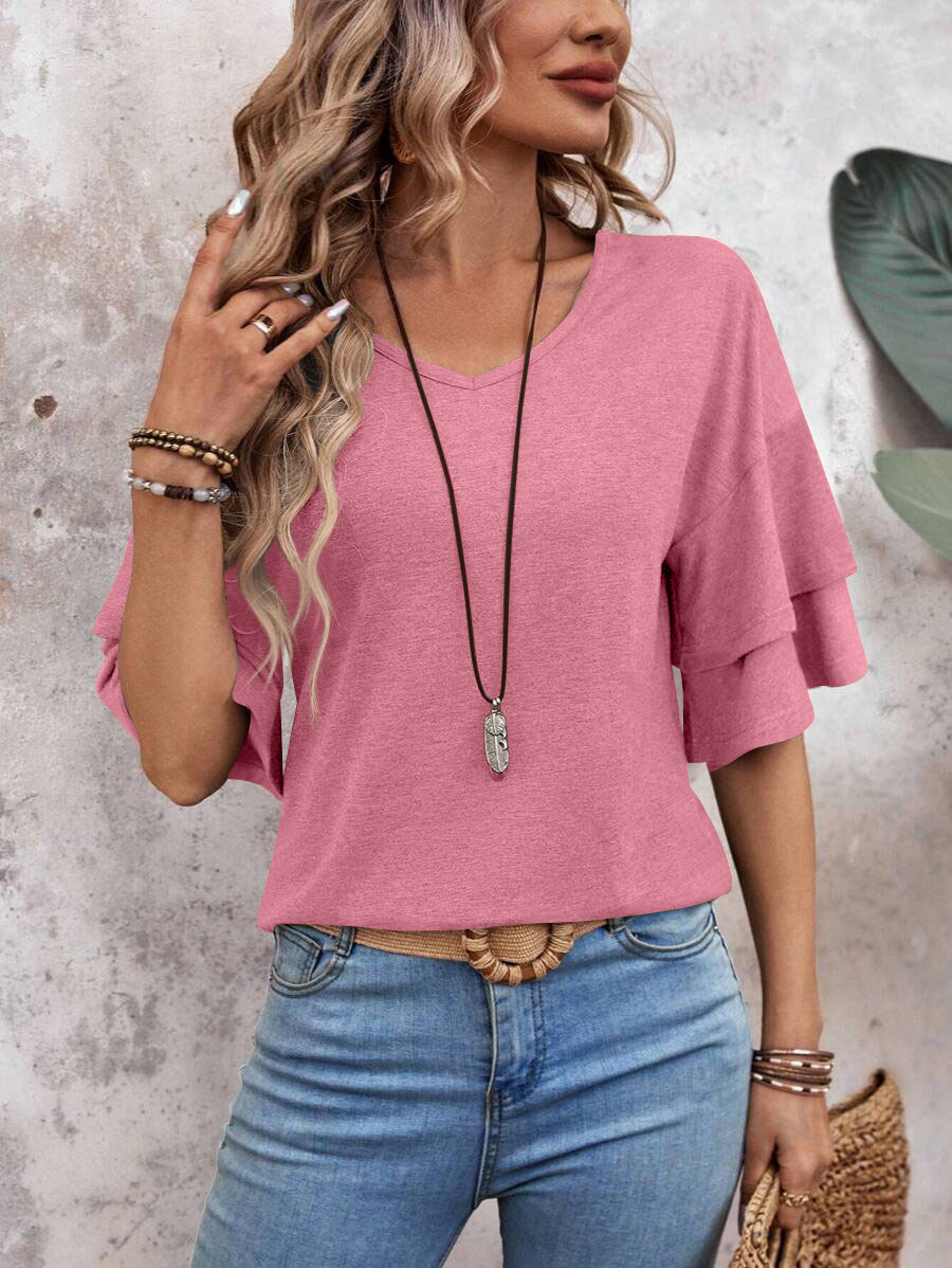Camel Ruffle Sleeve V Neck Loose Fit Women Summer Top
