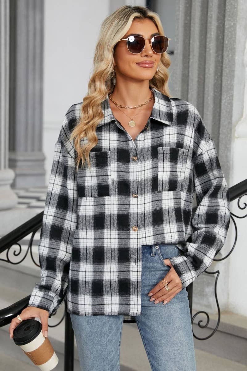 LONG SLEEVE POCKET PLAID SHIRT TOP