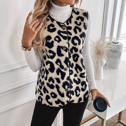 Leopard Sherpa Vest Button Front Fuzzy Layering