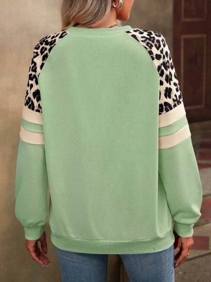 Leopard Sweatshirt Casual Colorblock Raglan Pullover