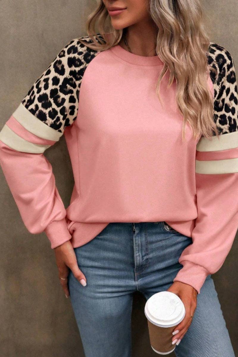 Leopard Sweatshirt Casual Colorblock Raglan Pullover