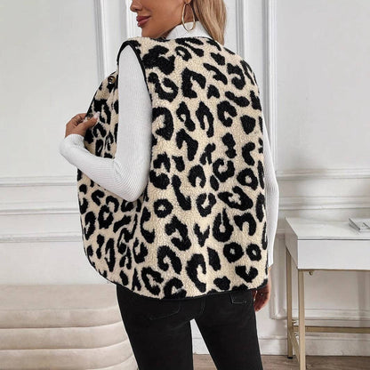 Leopard Sherpa Vest Button Front Fuzzy Layering