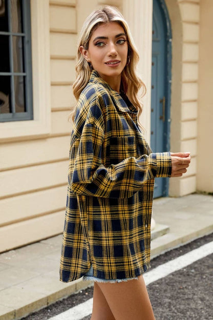 LONG SLEEVE POCKET PLAID SHIRT TOP