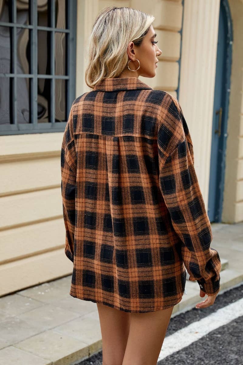 LONG SLEEVE POCKET PLAID SHIRT TOP