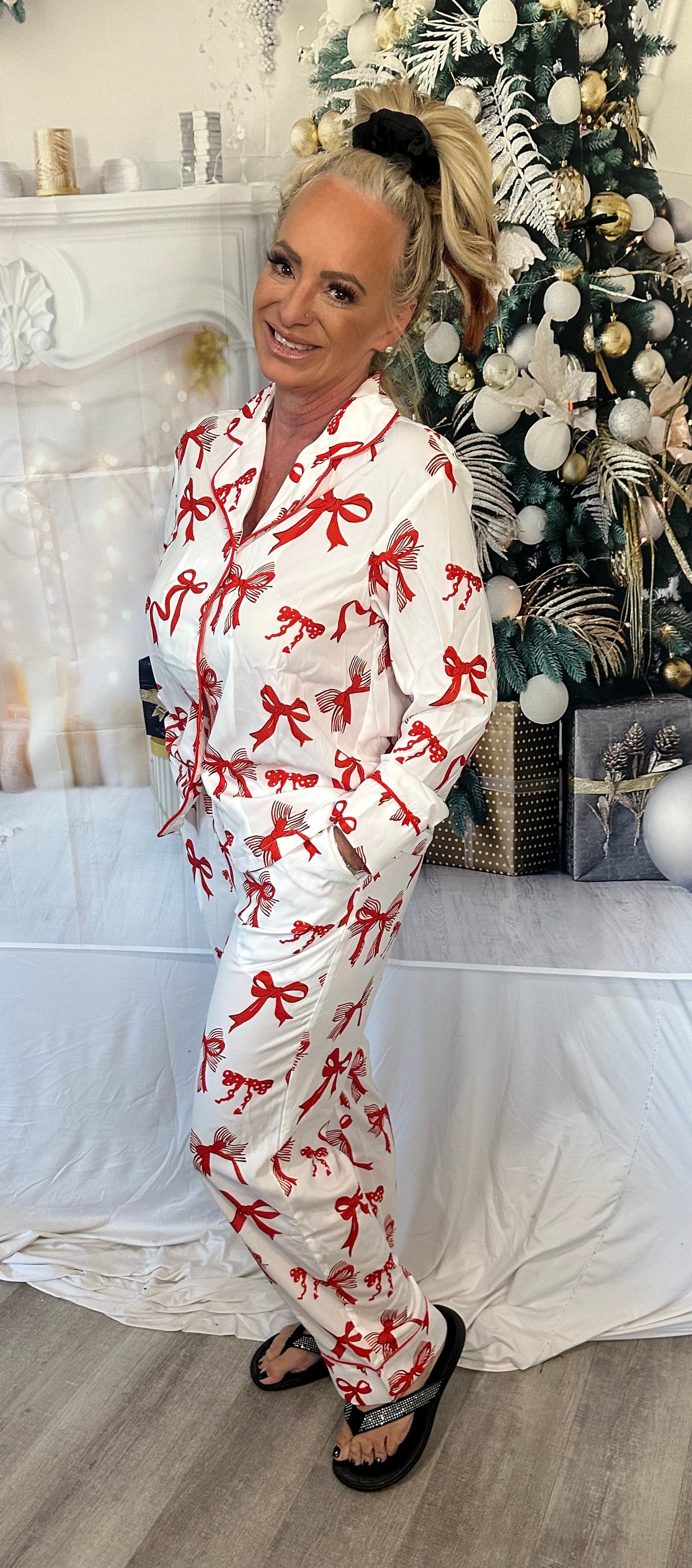 Christmas Bow Print Long 2pcs Pajama Set