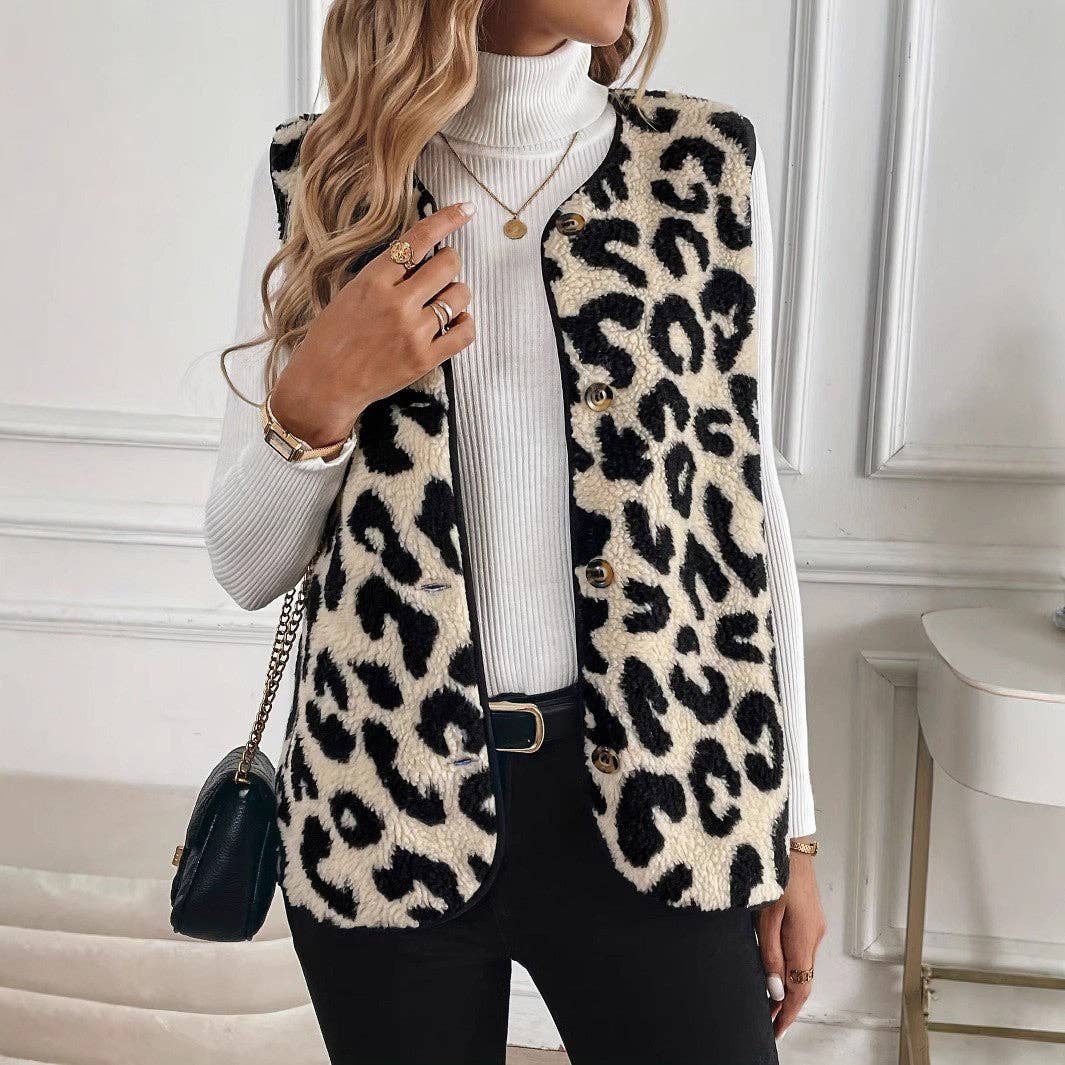 Leopard Sherpa Vest Button Front Fuzzy Layering