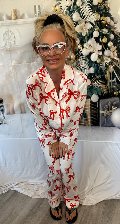 Christmas Bow Print Long 2pcs Pajama Set