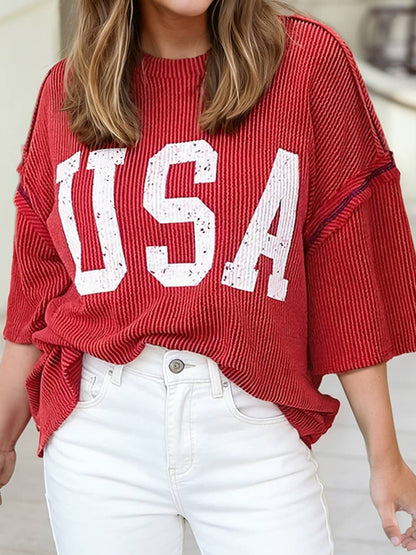 USA Graphic Half Sleeve Loose Ribbed Top