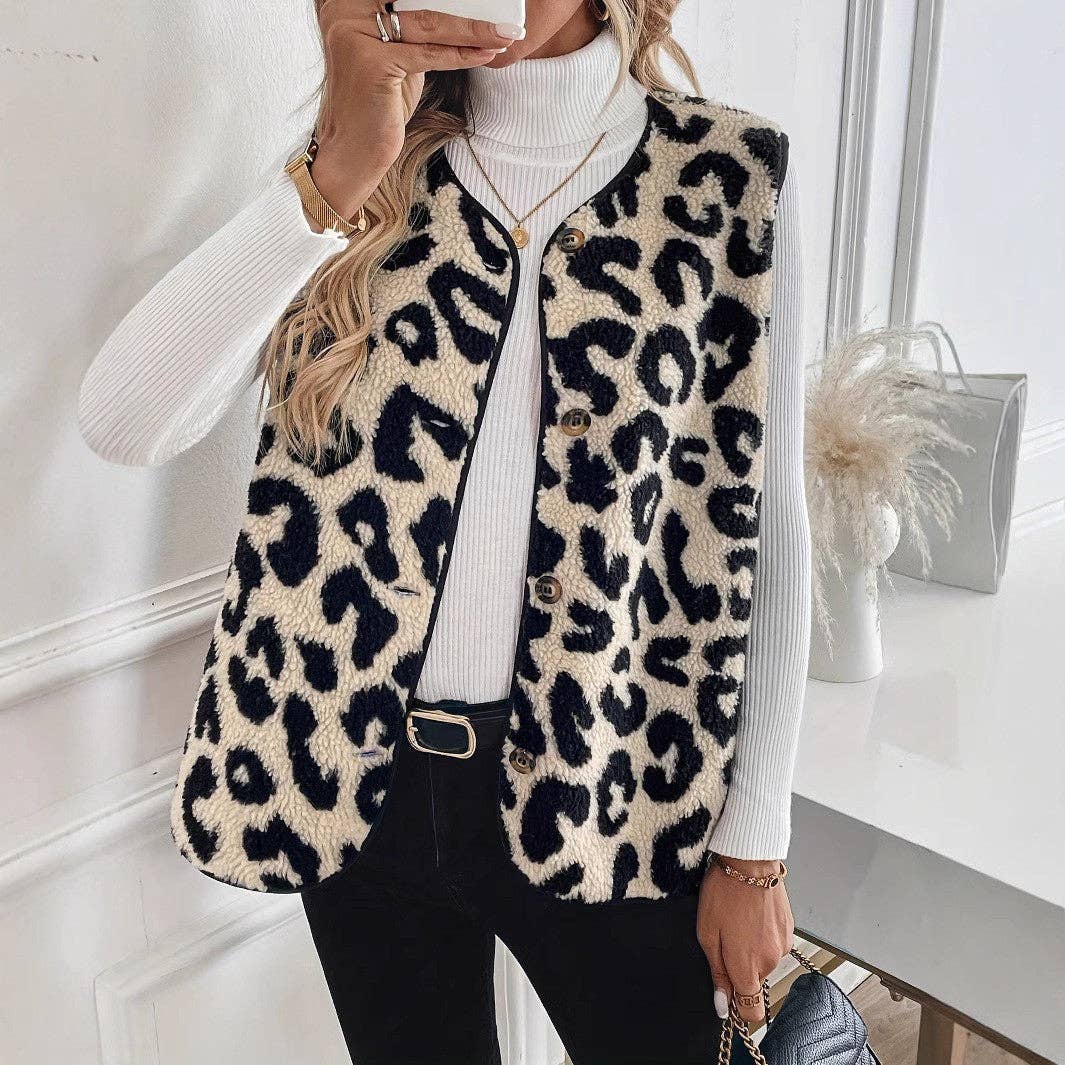Leopard Sherpa Vest Button Front Fuzzy Layering